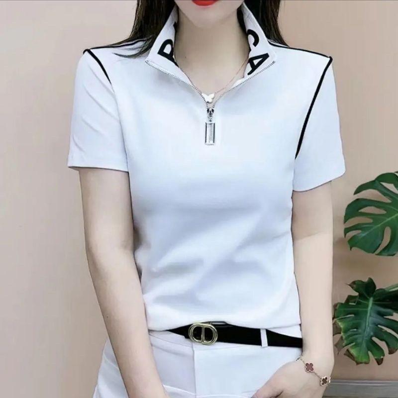 

Женская футболка с коротким рукавом, летняя женская рубашка поло, повседневные модные облегающие женские топы, черные пуловеры на молнии, топы S