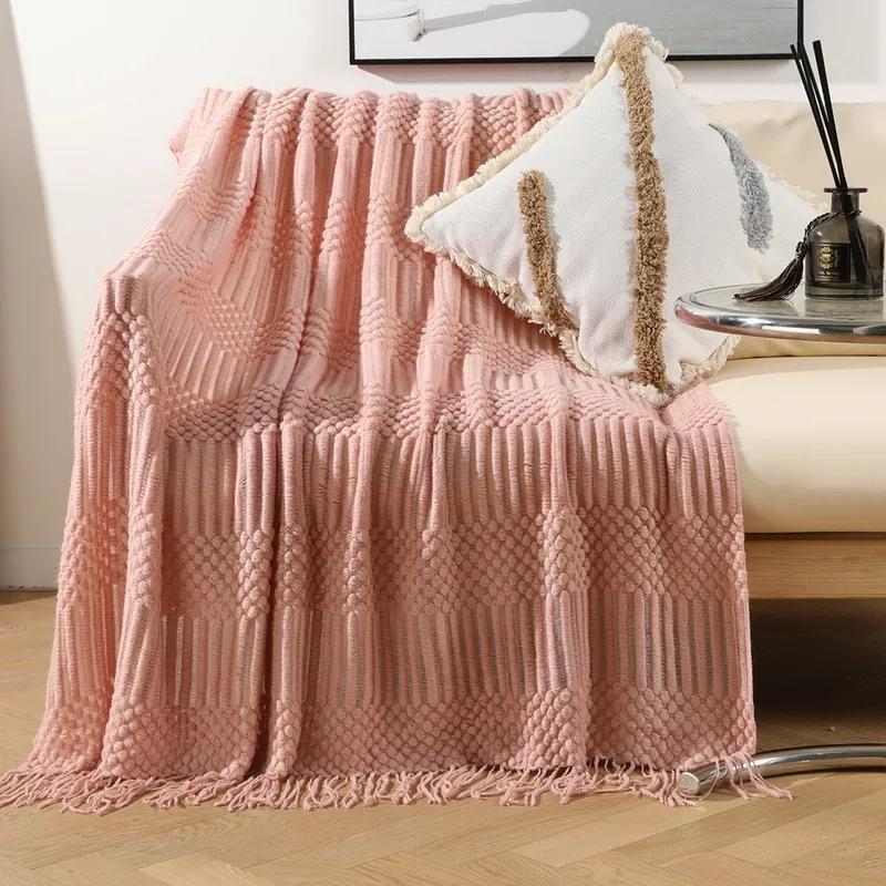 Luxury Solid Color Fringe Bean Blankets Tassels Knitted Throw Blanket Chunky Cozy Farmhouse Gift All Season Comfort For Home