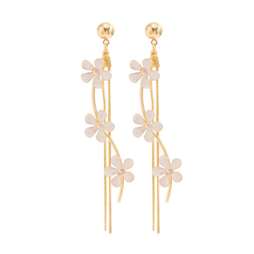Sweet Pink Cherry Blossom Flower Long Tassel Drop Earrings for Women Gold Color Enamel Floral Dangle Earrings Vacation Jewelry