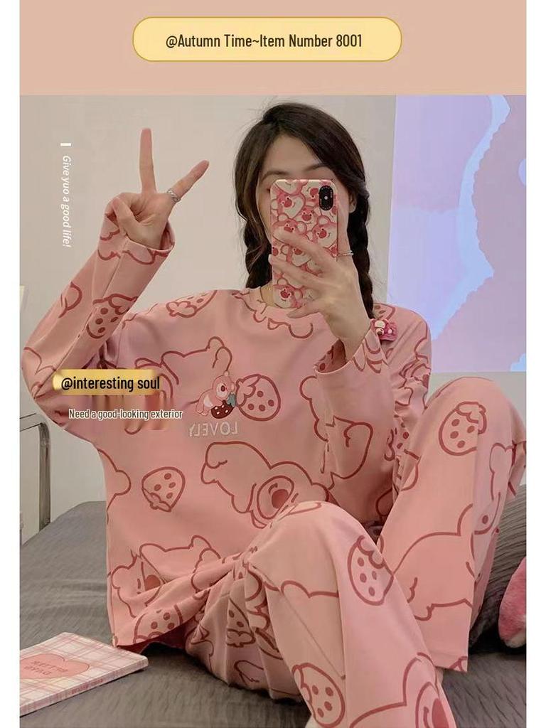 Women's Plus Size Cartoon Pajama Set: Long-Sleeve Spring/Fall Home Wear, Loose Fit, Suitable for Outdoors