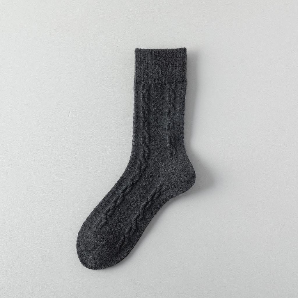 Women's Milk White Wool Socks: Autumn/Winter Cable Knit, Thickened for Warmth, Grey Tones, Mid-Calf Slouch Socks