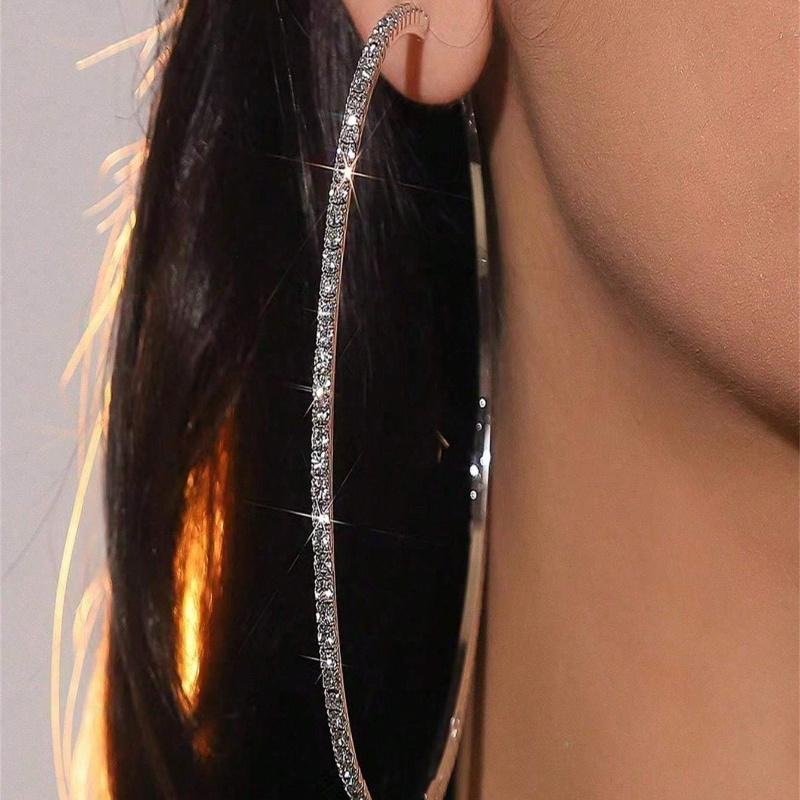 1 Pair Unique Exaggerated Large Hoop Earrings for Women, Fashionable Rhinestone Embellished Big Circular Ear Rings
