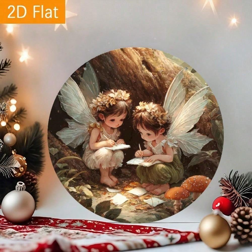 Vintage Fairy Forest Metal Wall Art 8 Inch Round Aluminum Plaque Enchanted Mushroom House Decor