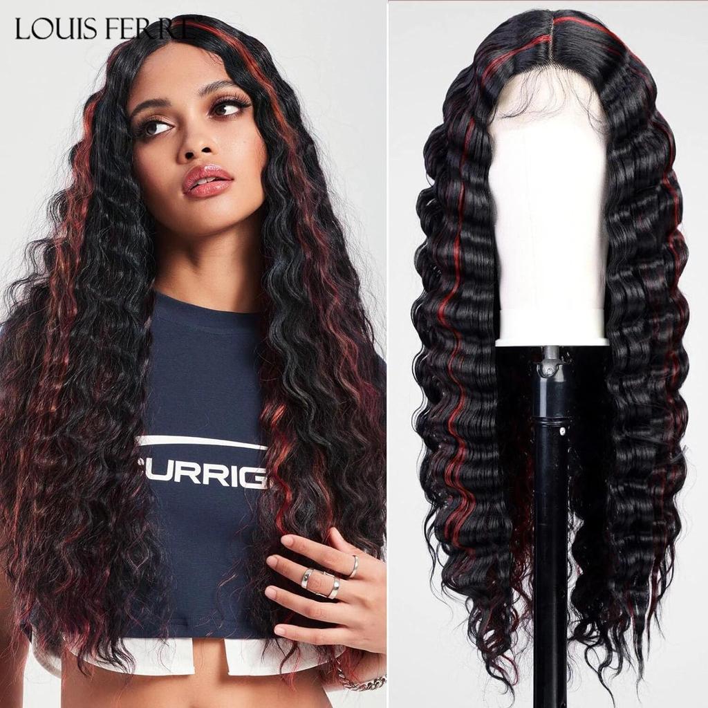 LOUIS FERRE Long Deep Wave Wig Brown Highlight Crimps Curl Synthetic Hair Wigs Lace Front Wig for Women with Babyhair for Daily