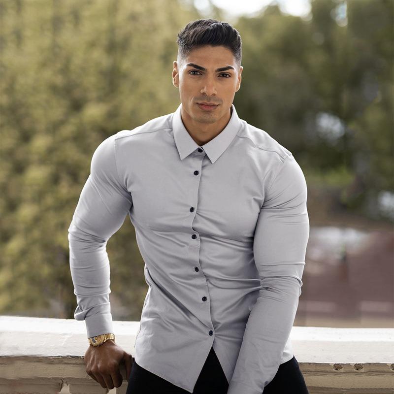 Men Muscle Slim Fit Long Sleeve Turn Down Collar Casual Sports Fitness Shirt