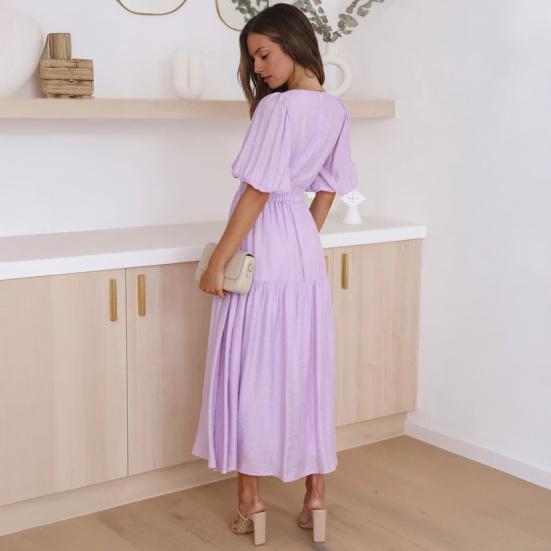 Women's Bohemian Long Dress Deep V Neck Puff Short Sleeve Swing Dress Summer Tiered Flowy A Line Midi Dress