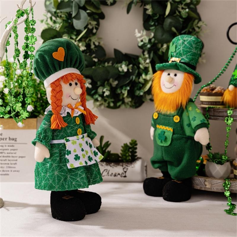 StPatrick‘s Day Green Irish Gnome Handmade Retractable Plushes Figurine For Spring Elf Doll Home Holiday Decoration