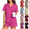 Damen Schlafanzug Set Kurzarm Knopfleiste Oberteil mit Rüschenbesatz und Elastischem Bund Shorts Zweiteilig Weich Leicht Loungewear Nachtwäsche