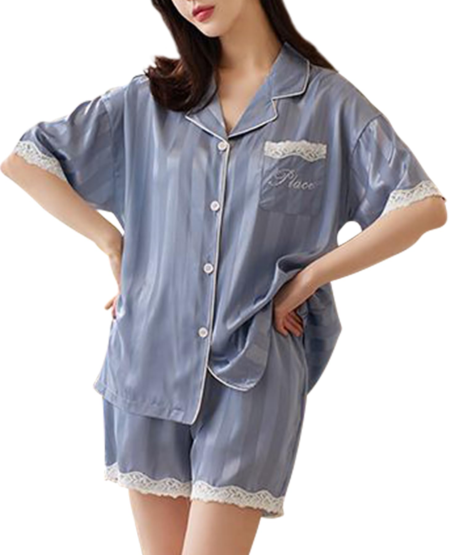 

Summer Short Short Top and Bottom Front Opening Room Ice Sweat Quick Gentle on the Skin [PHOLEEY] Women s Pajamas, Sleeves, Pants, Set, - Loungewear,
