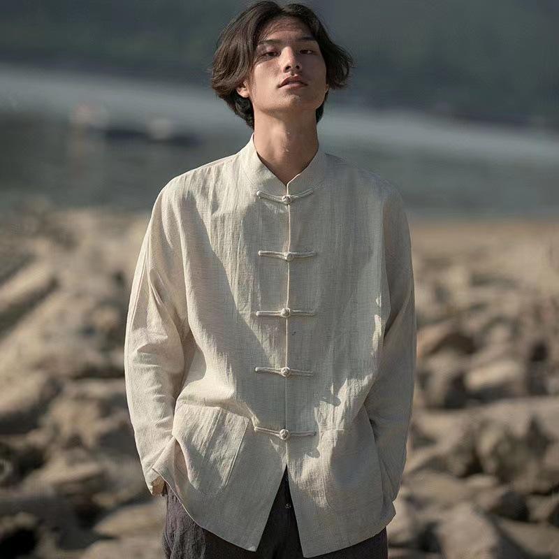 Men's Chinese-Style Linen Shirt: Hanfu-Inspired, Cotton Blend, Buttoned, Collared, Large Size Options Available.