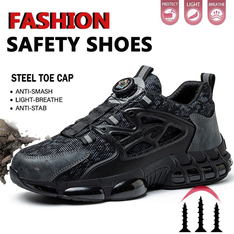 Safety Shoes For Men Steel Toe Anti-Puncture Men'S Work Shoes Slip Resistant Reinforced Sole Rotating Button Fashion Sneaker