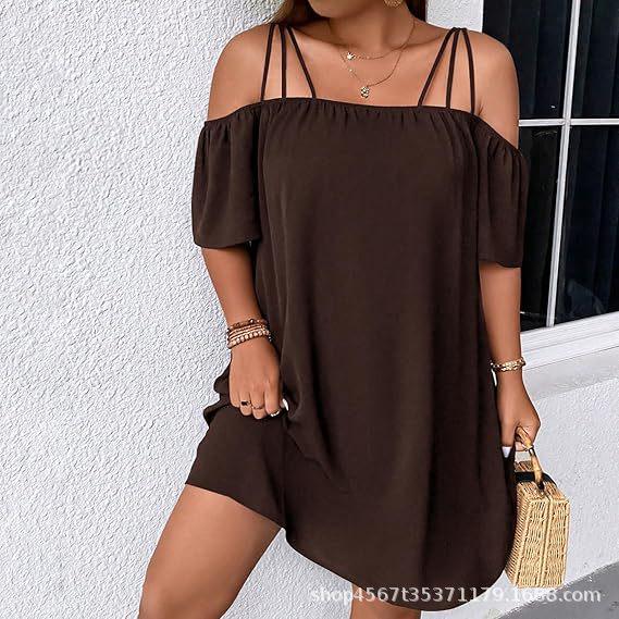 Off-Shoulder Sexy Women s Dress - European & American Style Coffee