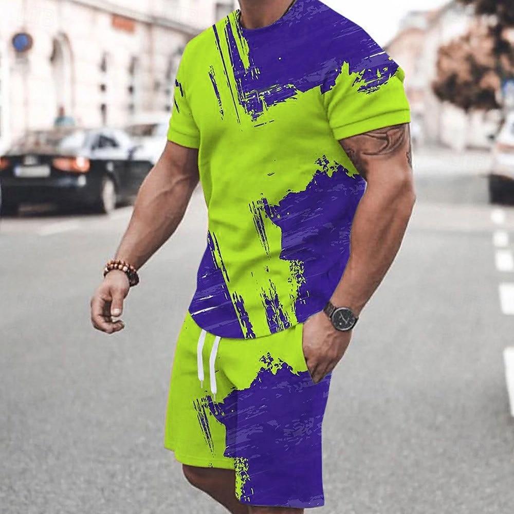 Men's Color Block Pattern 2pcs Tees sets Summer Tops Short Sleeve Short Pants Crew Neck Sport Casual Outdoor Vacation Daily Printed