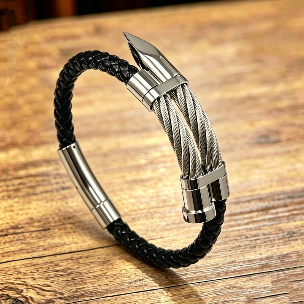 Men's Wire Braided Leather Rope Bracelet Nail Bracelet