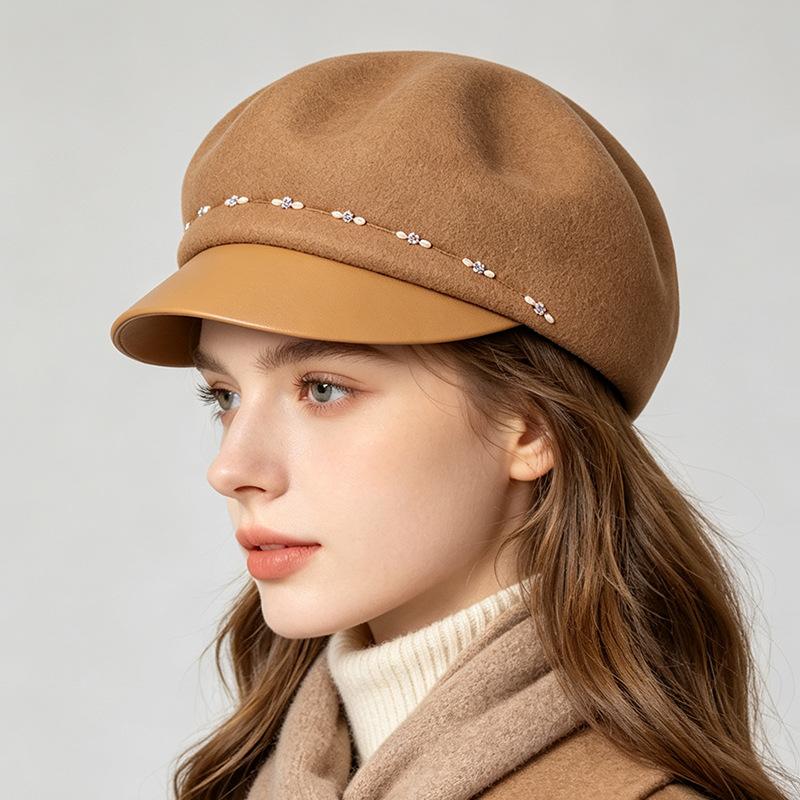 Autumn and Winter Light Luxury Handmade Diamond Chain Wool Cap Women's Versatile Fashion Newsboy Hat Trendy and Warm Felt Hat