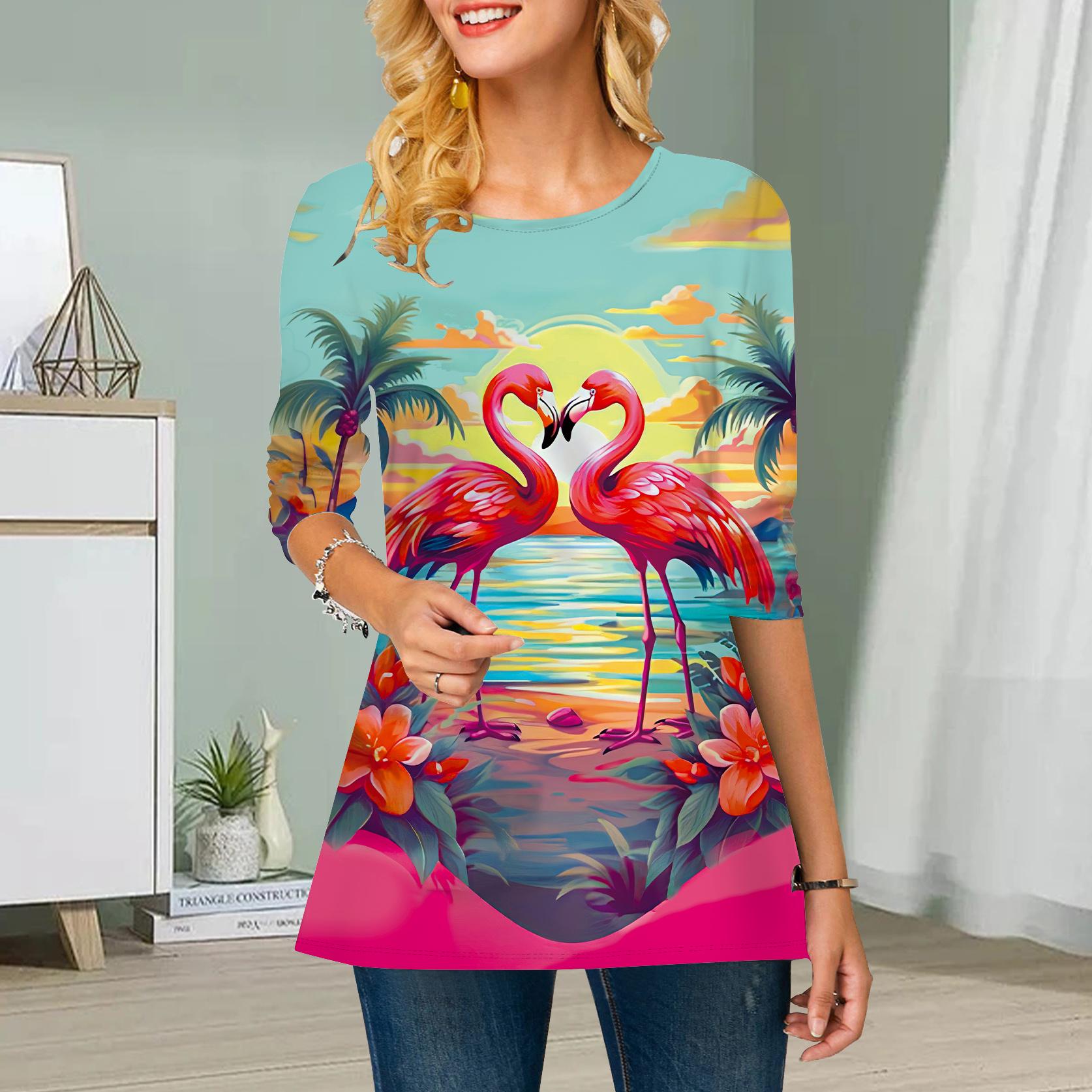 

Плюс Размер Женский Цветочный Птичий Принт Круглый Вырез Повседневный Свободный Длинный Рукав Топ S разноцветный