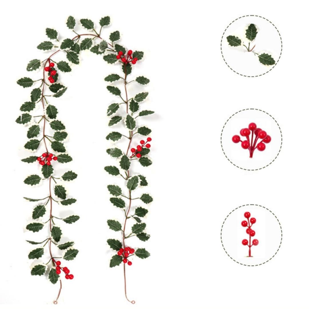 

2M Christmas Garland String Light Artificial Red Berry Holly Leaves DIY Rattan Wreath For Xmas New Year Holiday Home Decoration