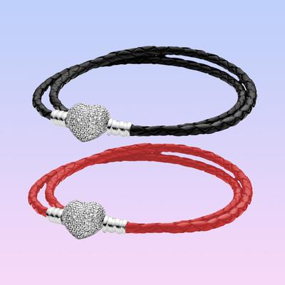 Pulsera de Cuero Trenzado de Doble Bucle de Plata S925 Apta para Abalorios Originales para Mujer Fabricación de Joyería