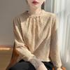 Korean Elegant Lace Crochet Round Neck Velvet-Enhanced Top with Pearl Details - Women's Thick Knit Inner Sweater