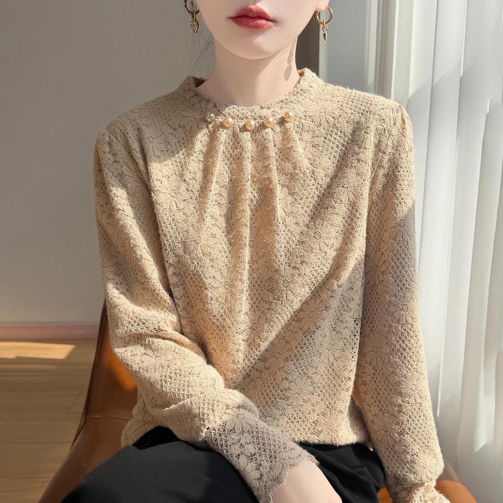 Korean Elegant Lace Crochet Round Neck Velvet-Enhanced Top with Pearl Details - Women's Thick Knit Inner Sweater