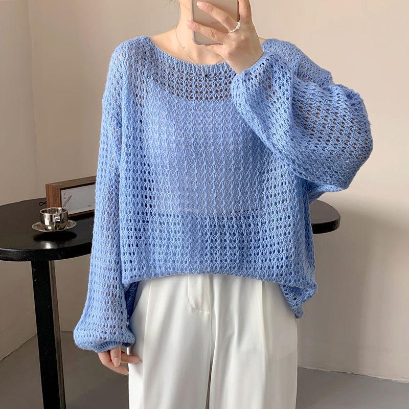 Hollow Long-sleeved Knit Sweater Women 2024 Summer Thin Breathable Loose Hoodie