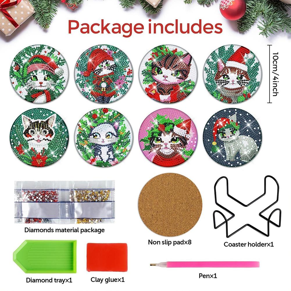 8Pcs Wooden Christmas Cartoon DIY Diamond Art Coaster Crafts with Holder DIY Diamond Painting Coaster Art for Beginners
