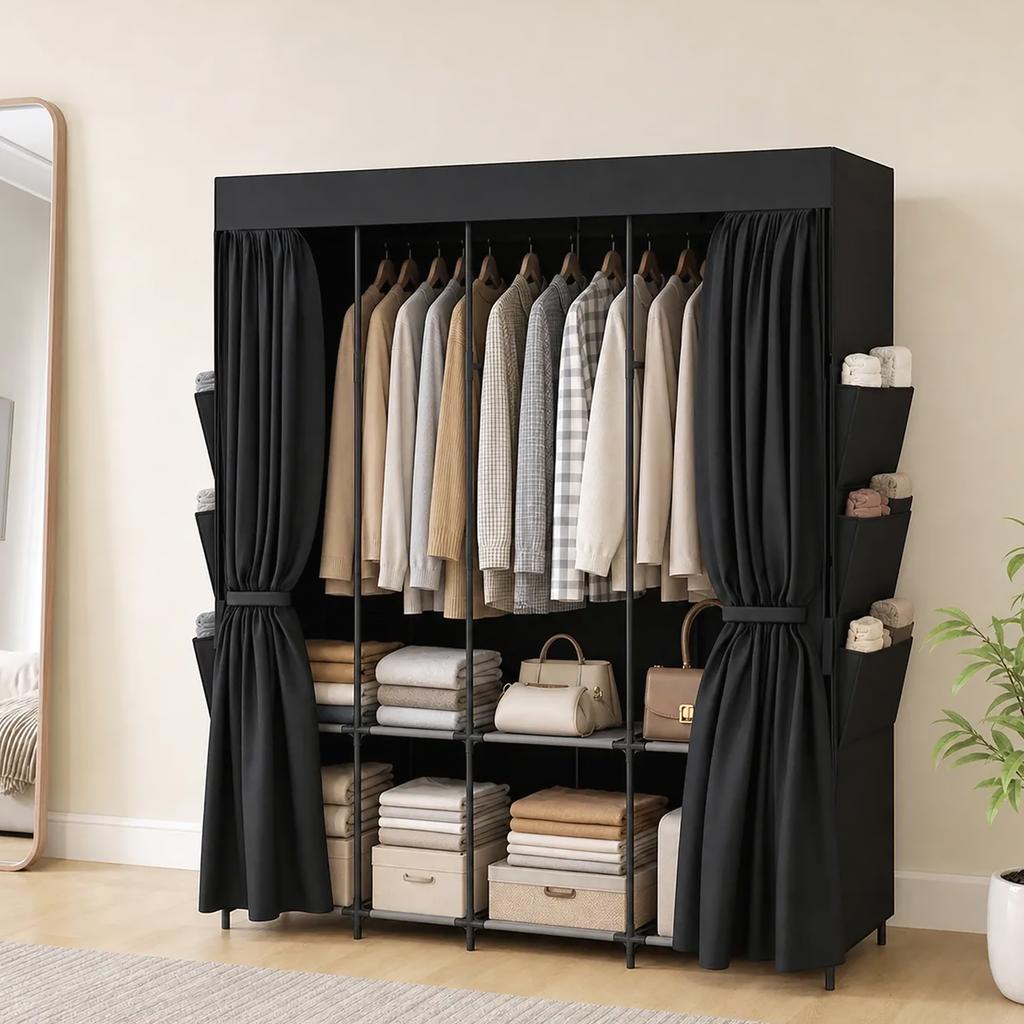Space-saving Fabric Wardrobe with 3 Rods, 3 Shelves, 6 Side Pockets, Dust-Proof Doors with Zipper, Black