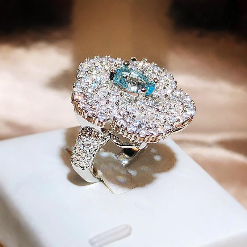Stamp Exaggerated Large Flower Ring With White Zirconia Sparkling Diamond Jewellery For Women Party Birthday Gift