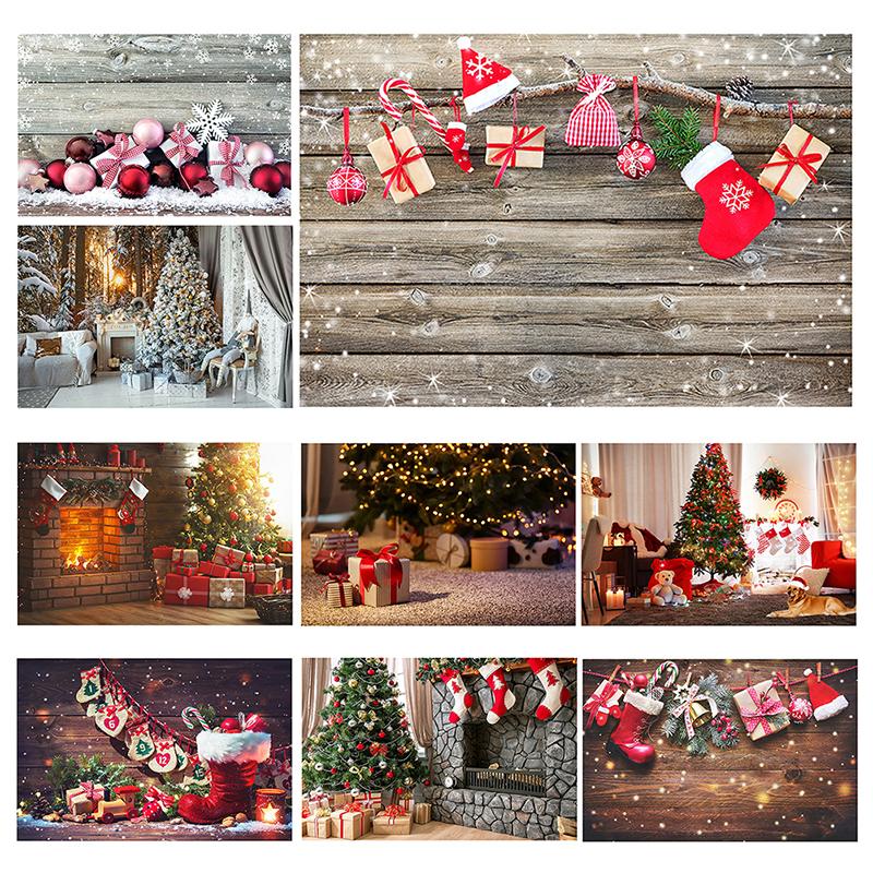 Christmas Wood Board Backgrounds for Photographs Plank Pine Branch Gifts Xmas Bells Winter Snow Family Party Photocall Backdrops
