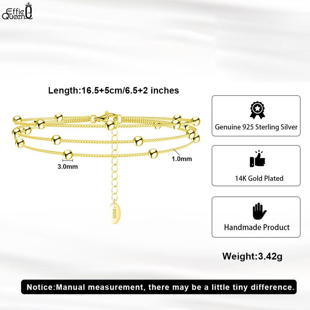 EFFIE QUEEN Fashion Simple Layer 3mm Beaded Chain Bracelet For Women S925 Sterling Silver Three Layered Bracelet Jewelry SB173