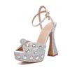 Fashion 14CM Style Rhinestone Sequined Peep Toe Women Gladiator Sandals Summer Elegant High Heels Crystal Wedding Banquet Bridal Shoes