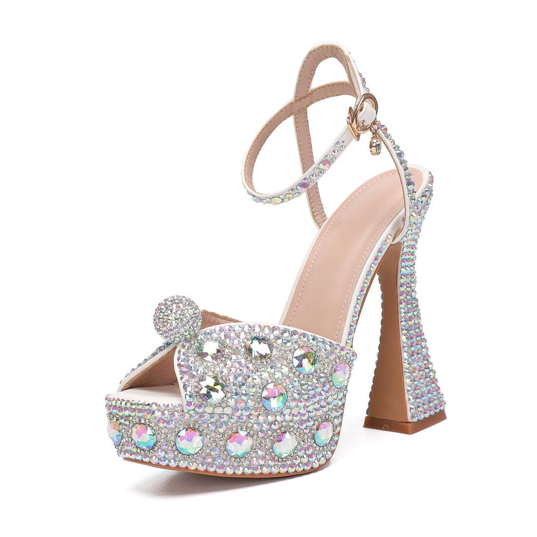 

Fashion 14CM Style Rhinestone Sequined Peep Toe Women Gladiator Sandals Summer Elegant High Heels Crystal Wedding Banquet Bridal Shoes 35