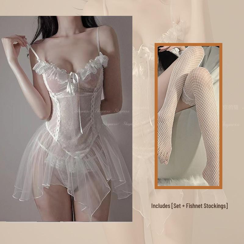 Plus Size Sheer Lingerie Princess Style Nightgown: Fishnet Strappy Design
