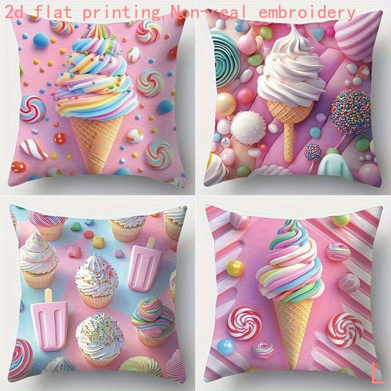 2D Flat - 4-Pack, 2D Flat Printing, Colorful Ice Cream Candy Pattern Pillowcases, Dessert Style Cushion Covers, Material, Multi-Sizes, Zipper Closure,