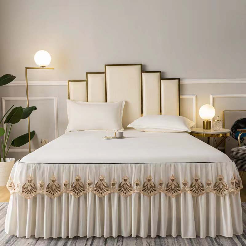 3pcs Set Raw Cotton Bed Romance Dust Protector Cover Soft Bedspread Embroidery Lace Edge Bed Skirt with 2pcs Pillowcase