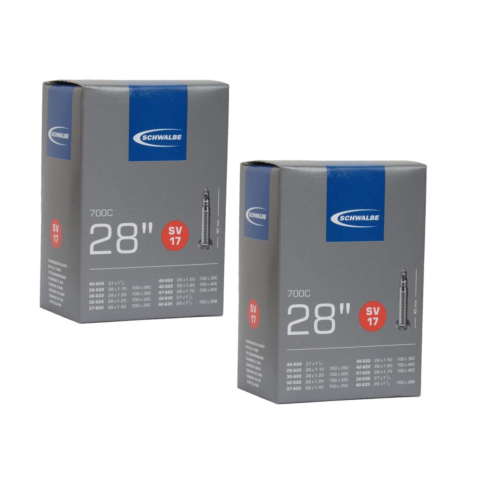 

Schwalbe SV17 Inner Tubes 700 x Presta 40mm Valves of 28-45c / 28 27 (Pack 2)