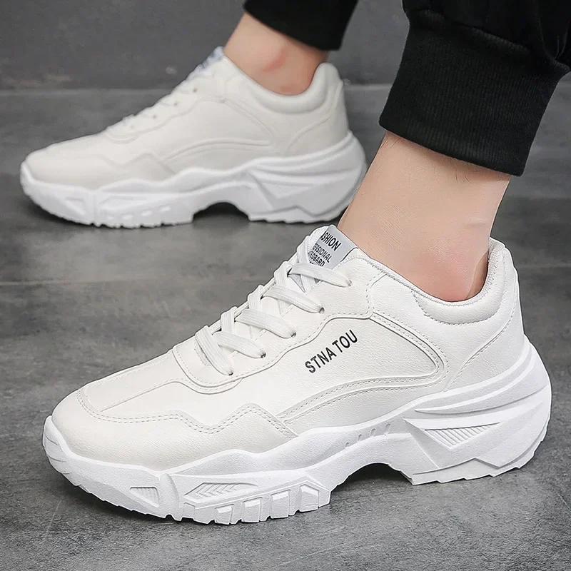 Fashion PU Men Sneakers White Lace Up Platform Shoes for Men Running Sport Casual Shoes Spring Autumn Male Shoes Vulcanized Shoes Men