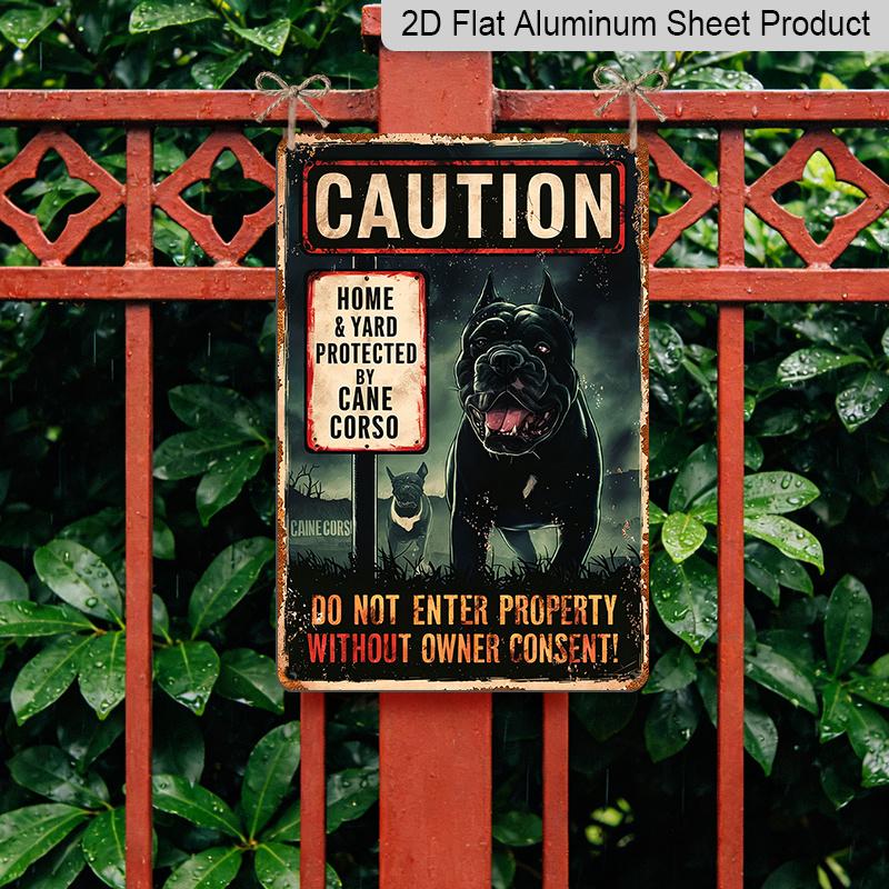 Piatto 2D, 1 pz. Cartello Vintage Cane Corso - Alluminio Metallico 12x8 Pollici "Protetto Dal Mastino Napoletano" Cartello di Avvertimento per Cani, / Decorazione da Parete per Esterni per la Casa