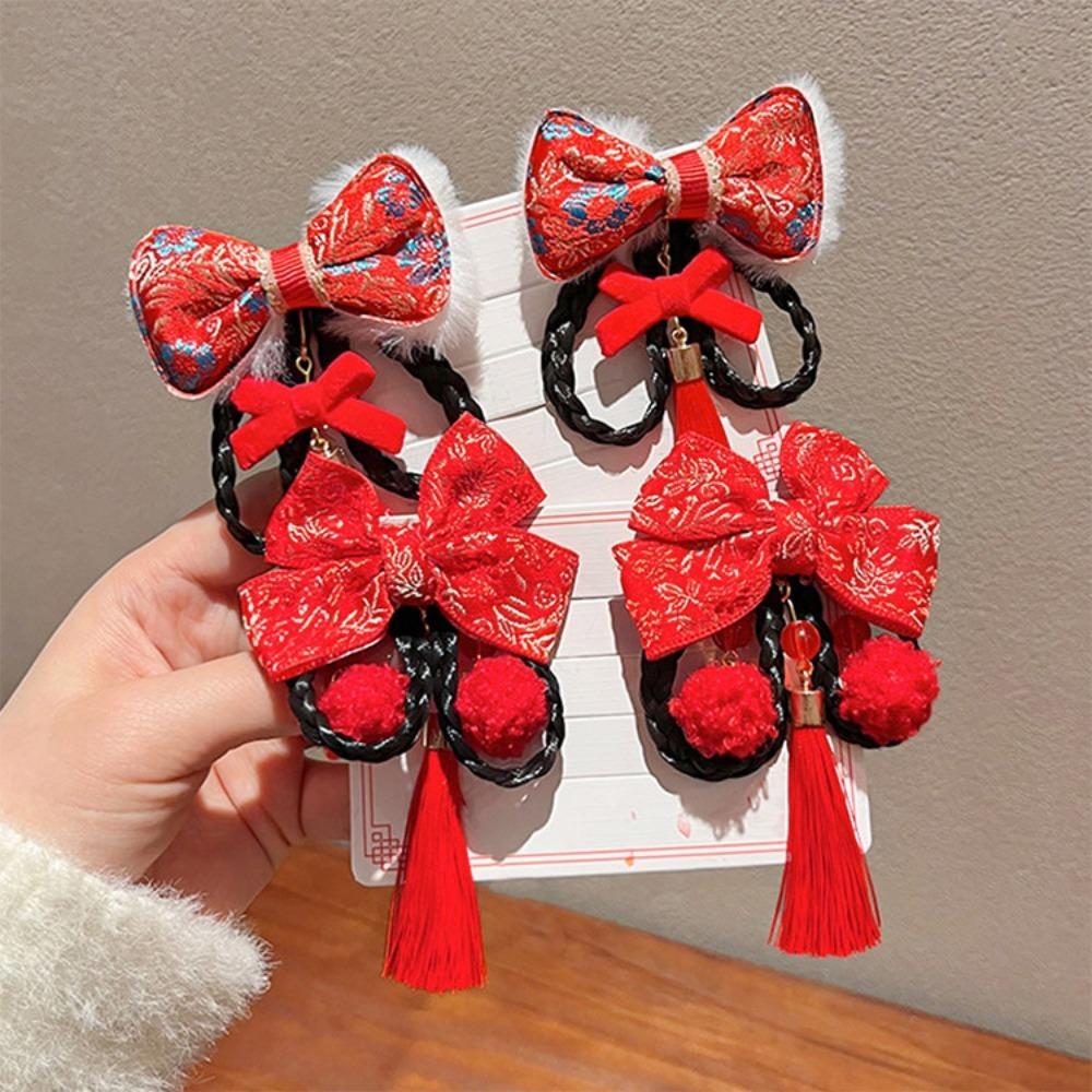 2pcs Hanfu Headdress Children Red Hairclip Chinese Style Bow Wig Braid Hairpin New Year Headwear