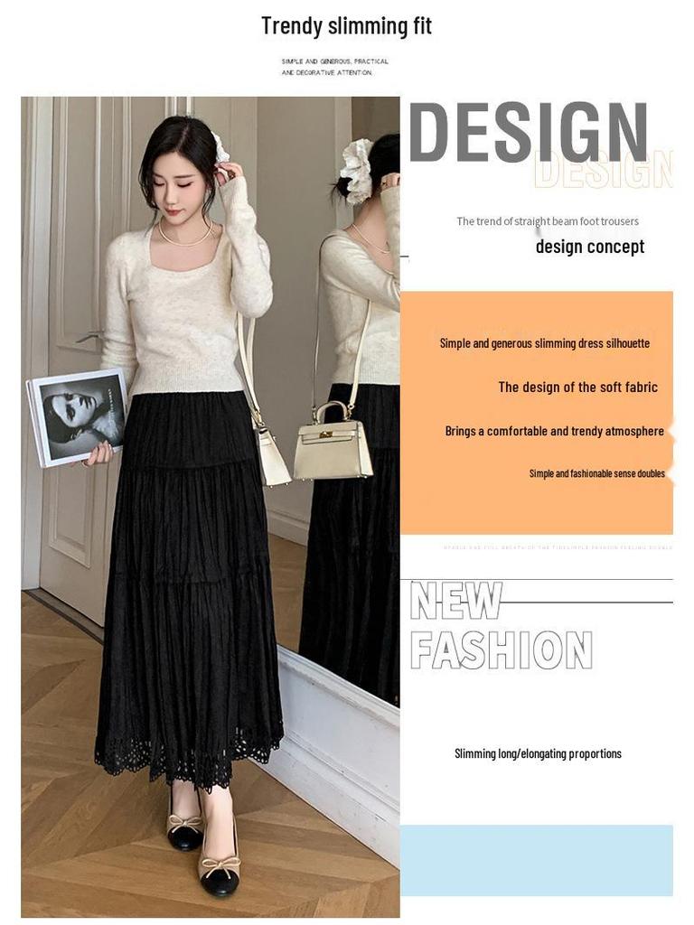 Pleated Suede Velvet A-line Skirt with Elastic High Waist