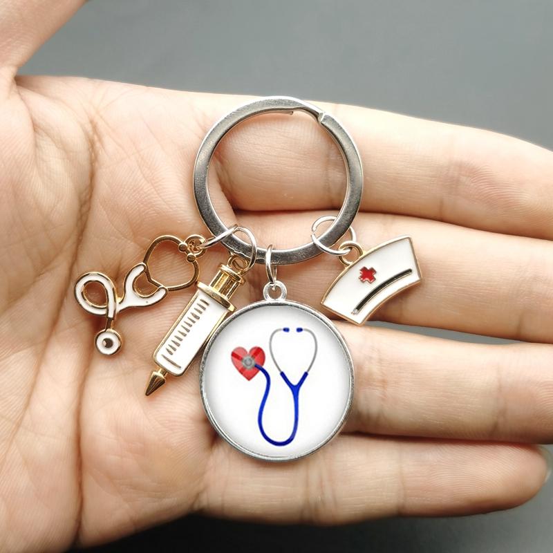 Paint Fashion Creative Nurse Medical Syringe Stethoscope Image Keychain Glass Suitable Nurses and Doctors Key Ring Pendant Gift