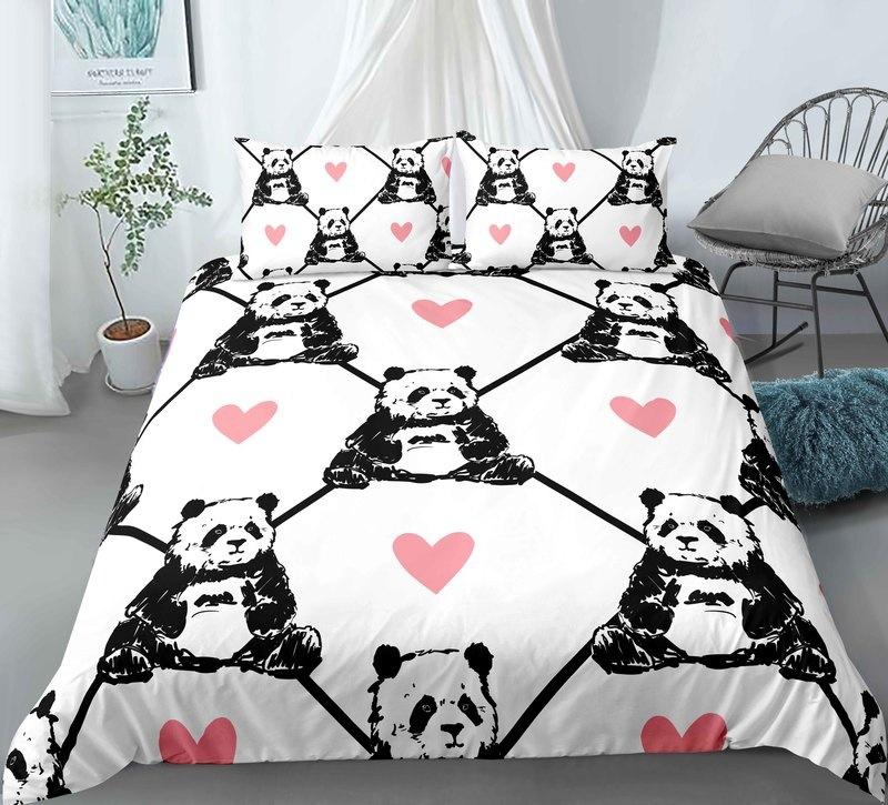 3D Cartoon Panda Duvet Cover Set Cute Panda Comforter Cover Bamboo Black White Bear Polyester Bedding Set For Boys Girls Teens