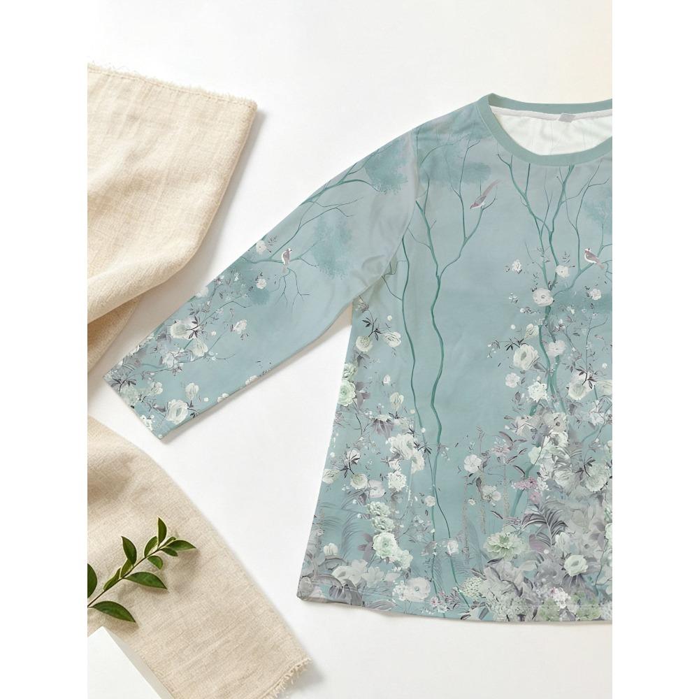 Large size women's fresh print long-sleeved loose top with pockets, women's spring and summer casual bottoming shirt