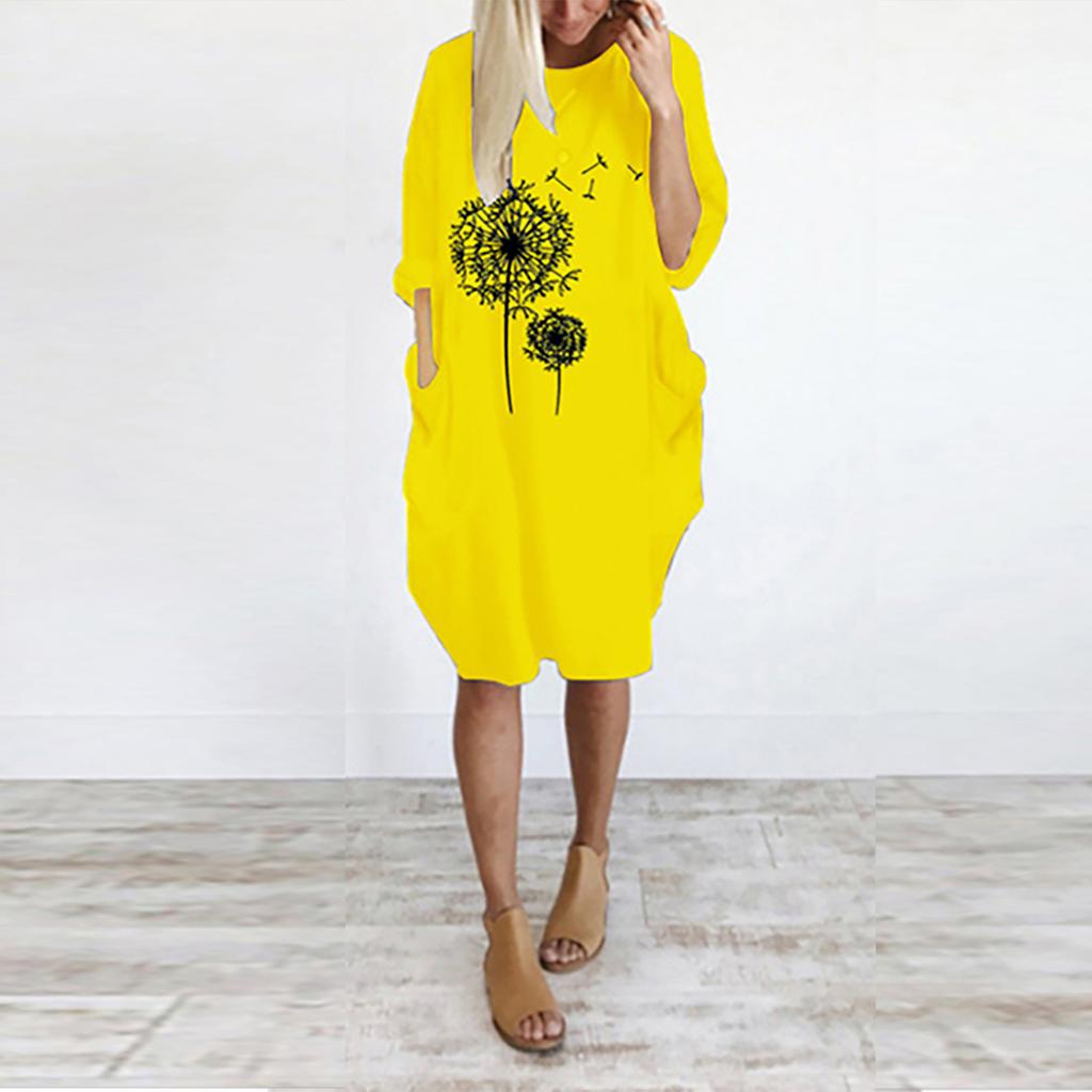 Women's Casual Loose Fit Pullover Dress with Round Neck and Pockets Featuring Printed Floral Design Comfortable Everyday Wear