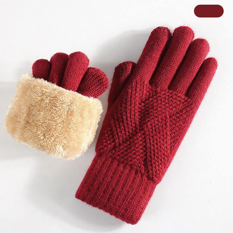 Knitted Gloves Men's and Women's Winter Double-layer Velvet Thickened Outdoor Cycling Warm Solid Color Touch Screen Gloves