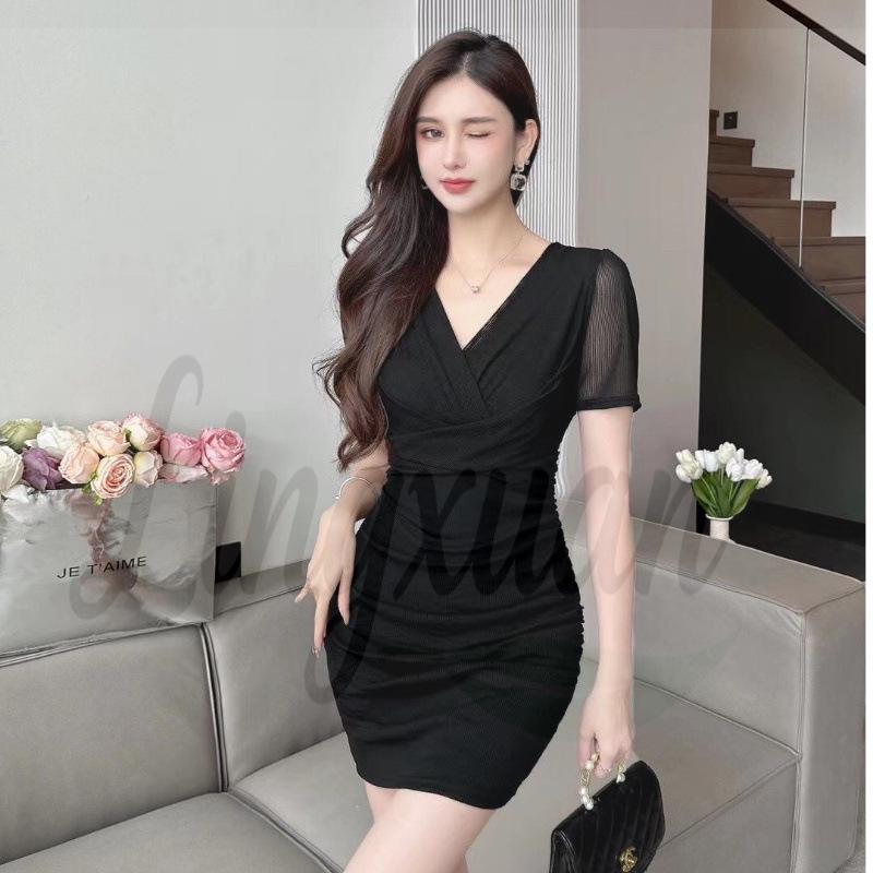 

Gradient V-neck Crossover Short Sleeve Slim-fit Hip-hugging Skirt S чёрный