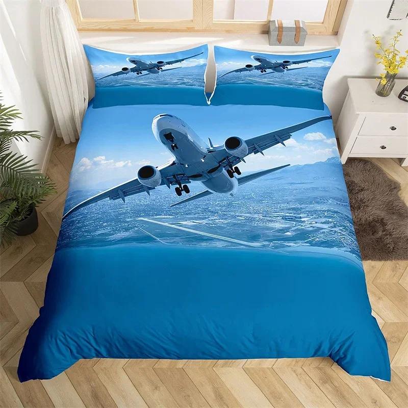 3D Airplane Duvet Cover King Aircraft Transportation Bedding Set Microfiber Globe Comforter Cover Helicopter Decor Quilt Cover