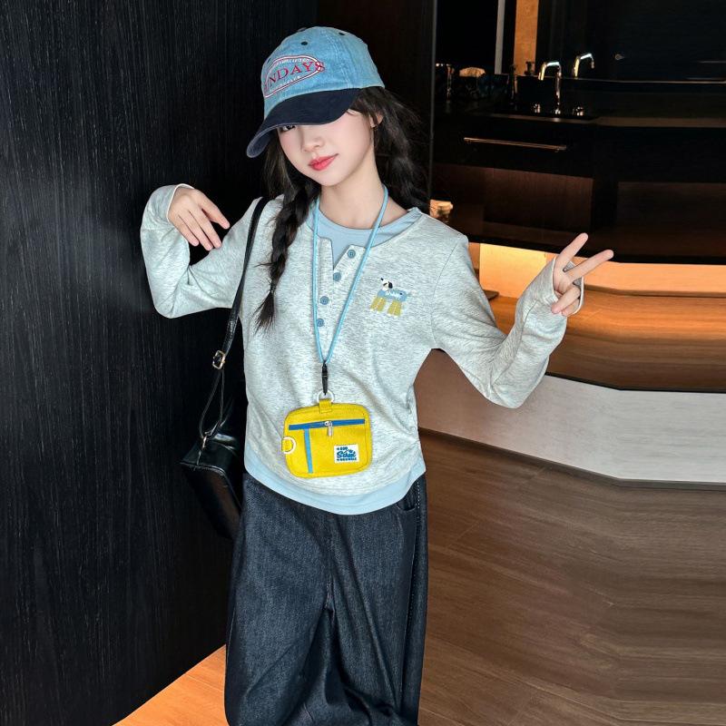 Girls Spring Long Sleeve T Shirt Fake Two Piece Top For Big Kids Students Round Neck Casual Blouse