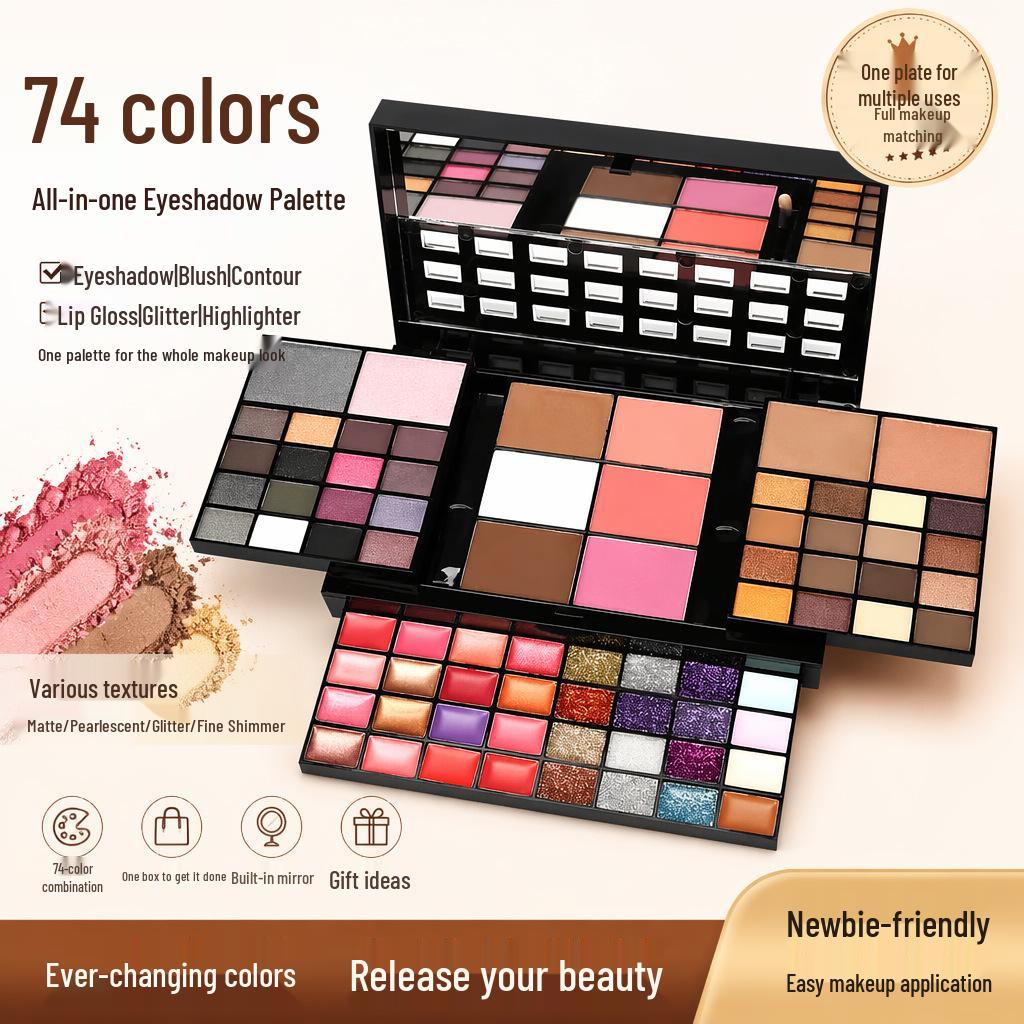 74-Color Makeup Palette: Glitter Eyeshadow, Blush, Foundation, Cream Lipstick Set