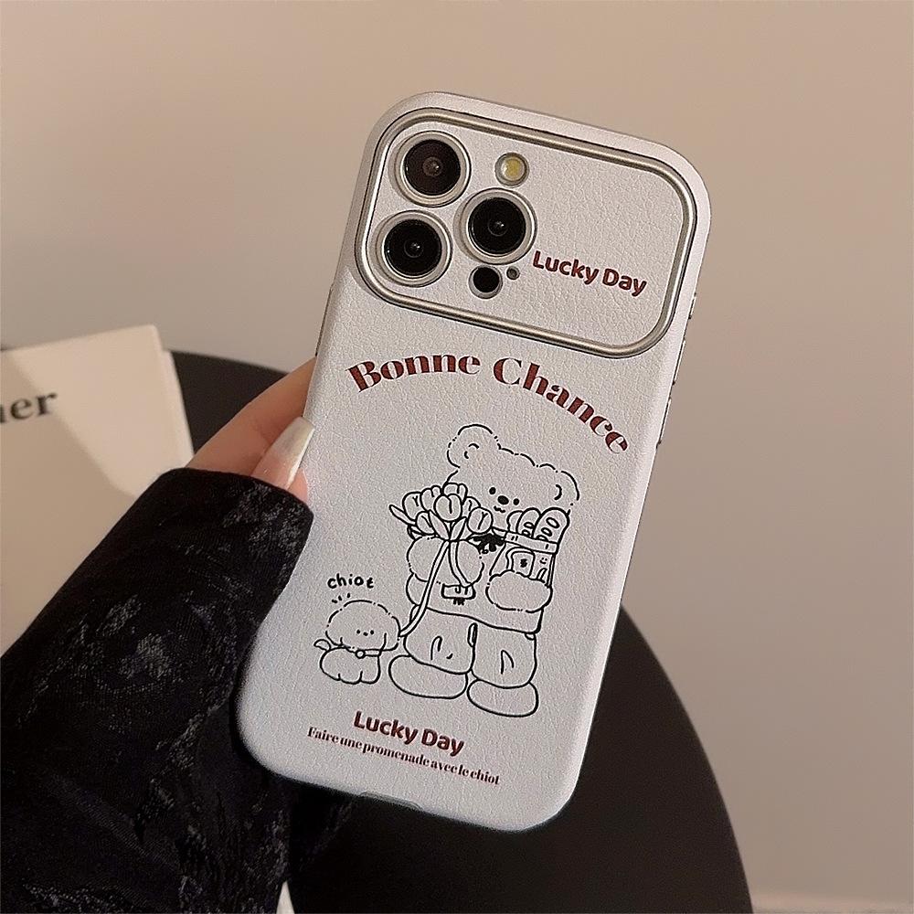 Korean Style Ins Leather Bear Suitable for IPhone14 Apple 16 Mobile Phone Case 15pro Max Super Cute 11 Fresh